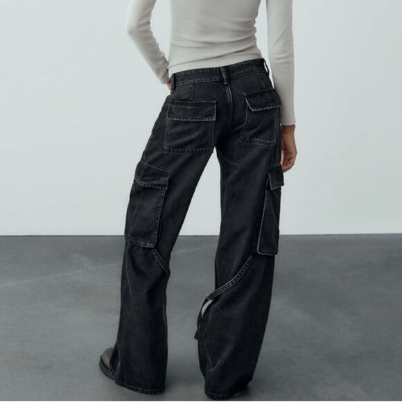 Zara Mid Rise Wide Leg Black Denim Cargo TRF Jeans - Picture 4 of 10
